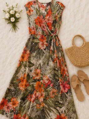Romantic Tropical Floral Maxi Dress Faux Wrap Ruffle Hem Spence L
